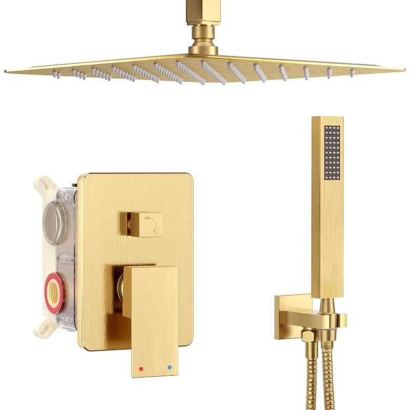 Gold Shower Faucet Set with 12-Inch Rain Shower Head and Handheld spray, High-Pressure Ceiling Shower Head Set