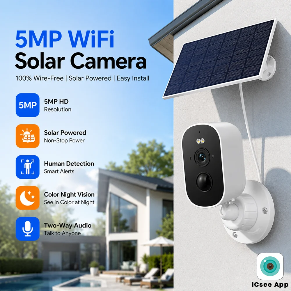 5MP ICsee App WIFI Wireless Solar Powered Security Camera Outdoor Surveillance IP Camera With Built-in Battery Two-Way Audio PIR Motion Detection Night Vision PIR Detection For Home