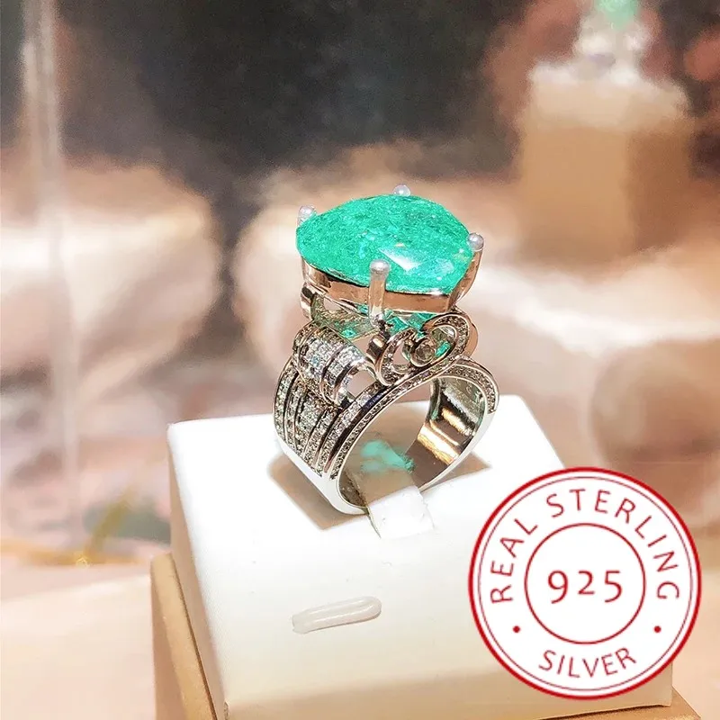 Elegant Paraiba Emerald S925 Silver Heart Full Diamond Couple Ring For Women Lover Geometric Valentine Day Gift Party Jewelry
