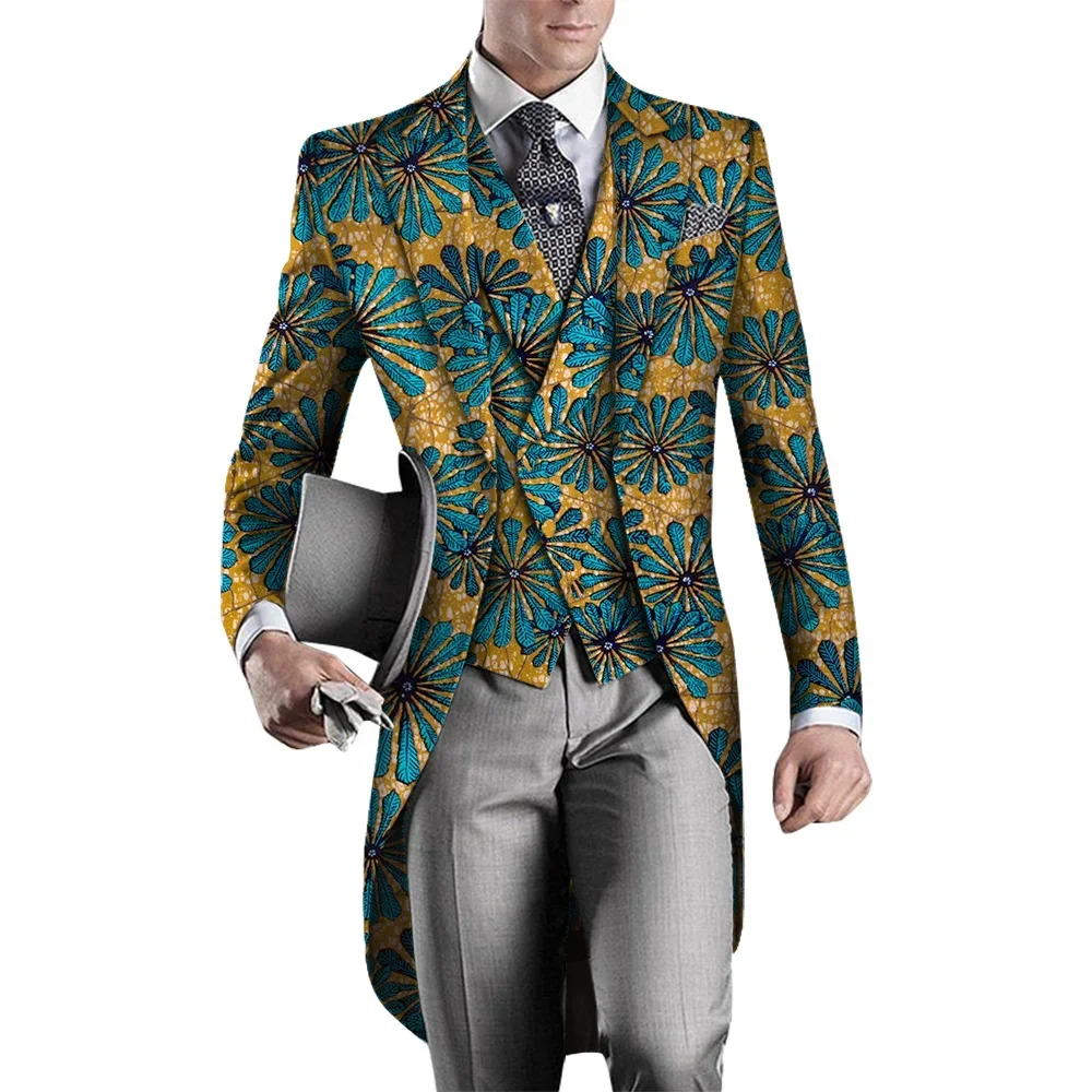 2 Pieces African Clothes for Mens African Printed Long Blazer Jacket and Vest Men Slim Suits Tailcoat Swallowtail Party WYN960