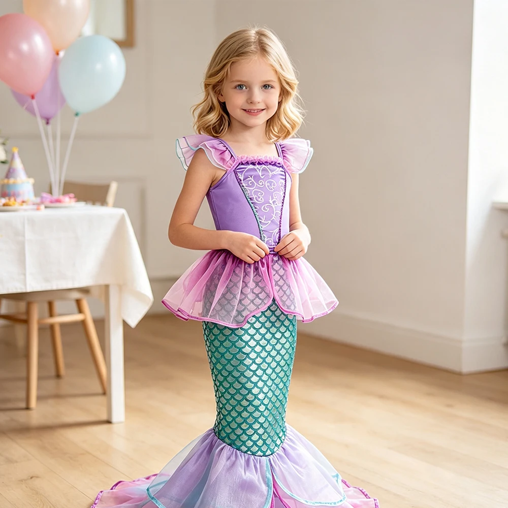 Meerjungfrauen-Sommerkleid Prinzessinnen-Kostüm mit Krone, Halskette und Zubehör-Set für Mädchen, Kinder, Karneval, Geburtstagsfeier, Abschlussball, Bühne – Detail 10
