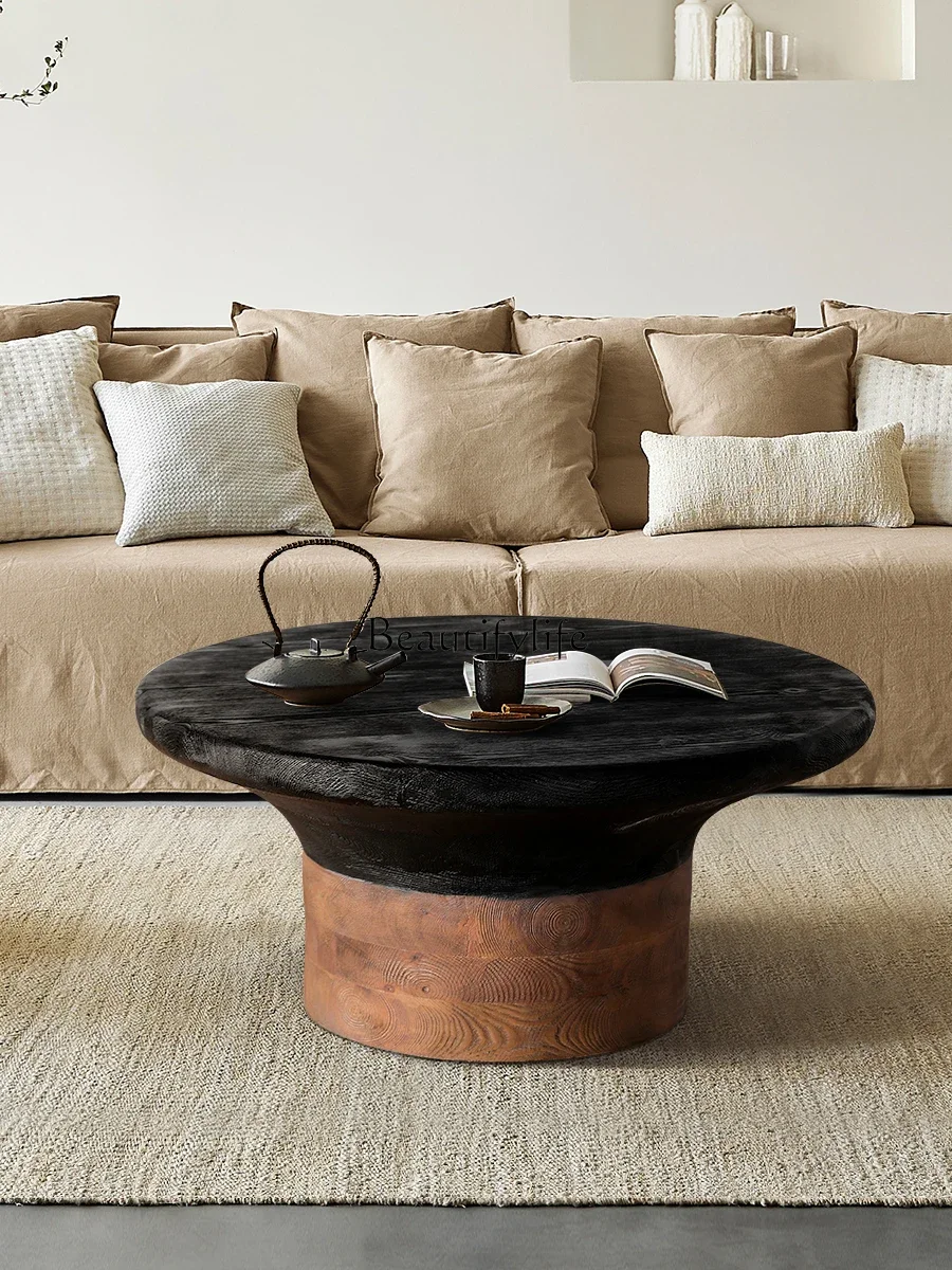 ls 18Wabi Sanfeng Round Charcoal-fired Log Coffee Table Homestay Retro Zen Tatami Solid Wood Small Table