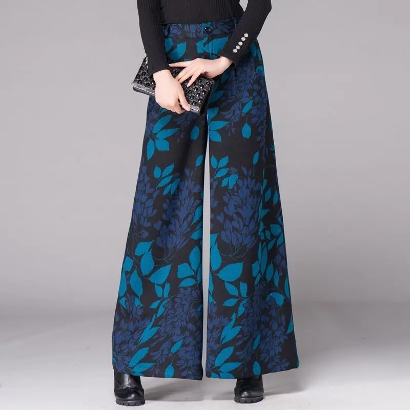 Autumn and Winter Women's Printed Elastic Button Fashion Commute Loose Middle Aged Wide Leg New High Waist Straight Skirt Pants