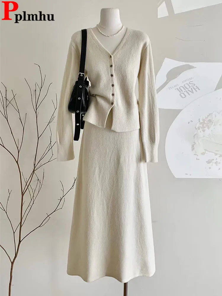 

Korean Elegant Knitted 2 Piece Sets Women V-neck Single Breasted Short Sweater Cardigan Tops Conjuntos High Waist Skirts Outfit