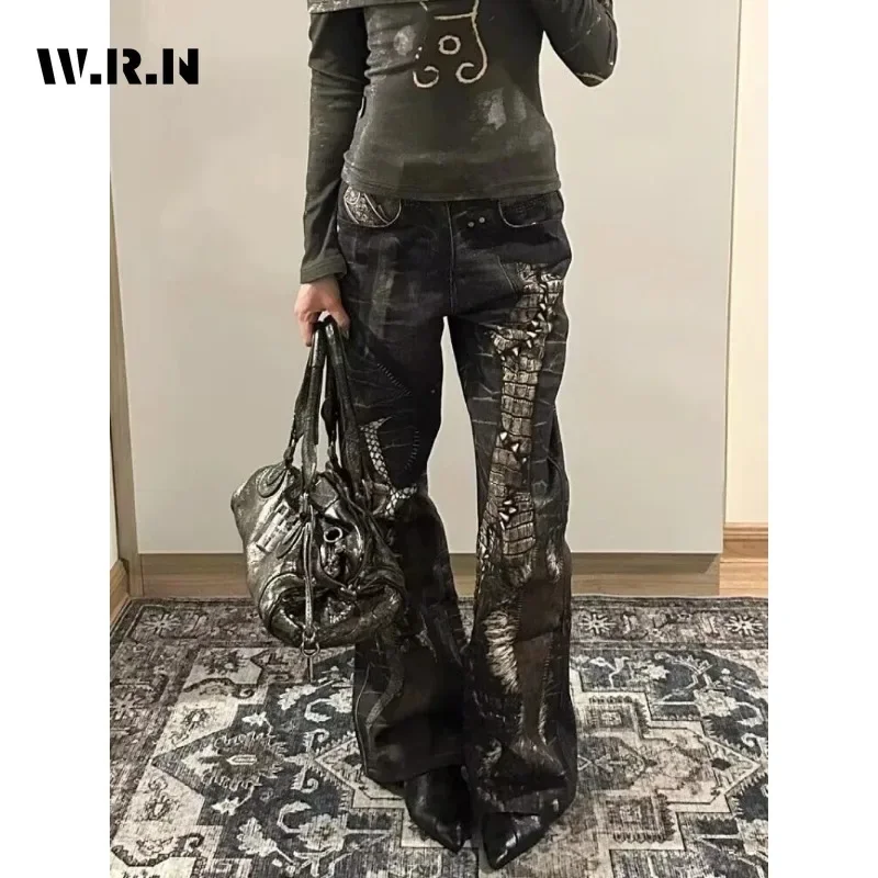 الأمريكية الرجعية الجرونج الشارع نمط الأسود جان جيوب الهيب هوب فضفاض ممسحة السراويل النسائية ايمو عادية Y2K القوطية غسلها الدينيم بنطلون