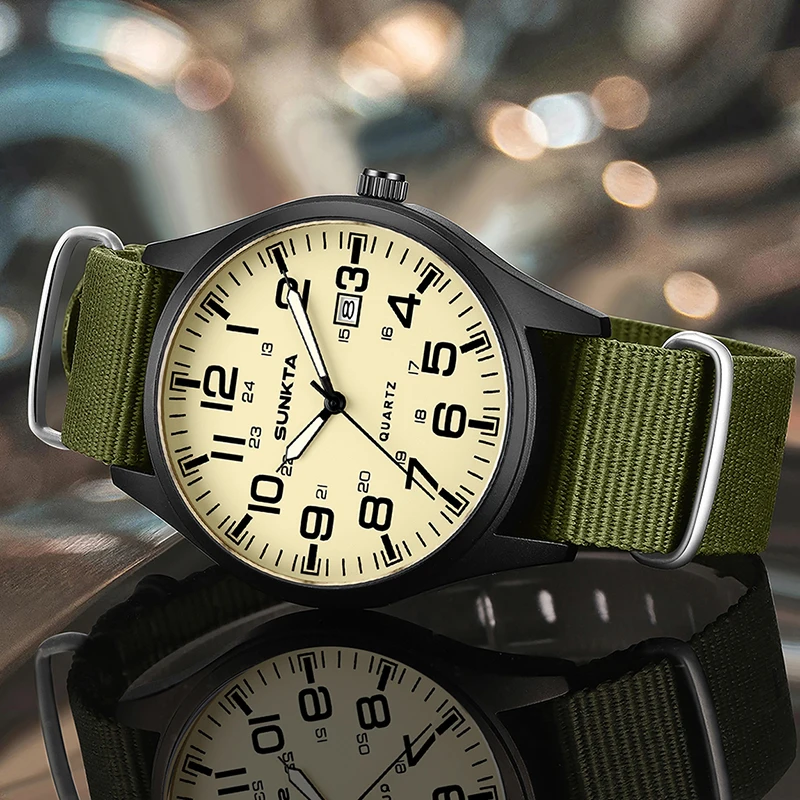 SUNKTA جديد ساعات المعصم الرجالية الكوارتز موضة الأسبوع العسكري تاريخ ساعة الرجال النايلون مقاوم للماء مضيئة كرونوغراف Montre أوم + صندوق #2