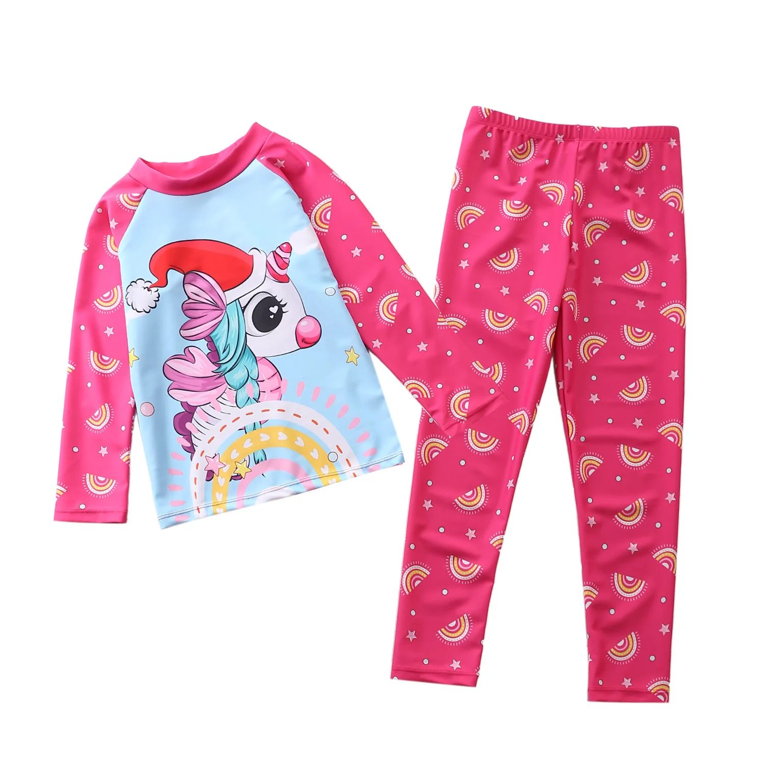 HappyFlute 2PC/Set  Cute Unicorn Prints Split Long-sleeve Waterproof Quick Dry Swimsuit For Girls