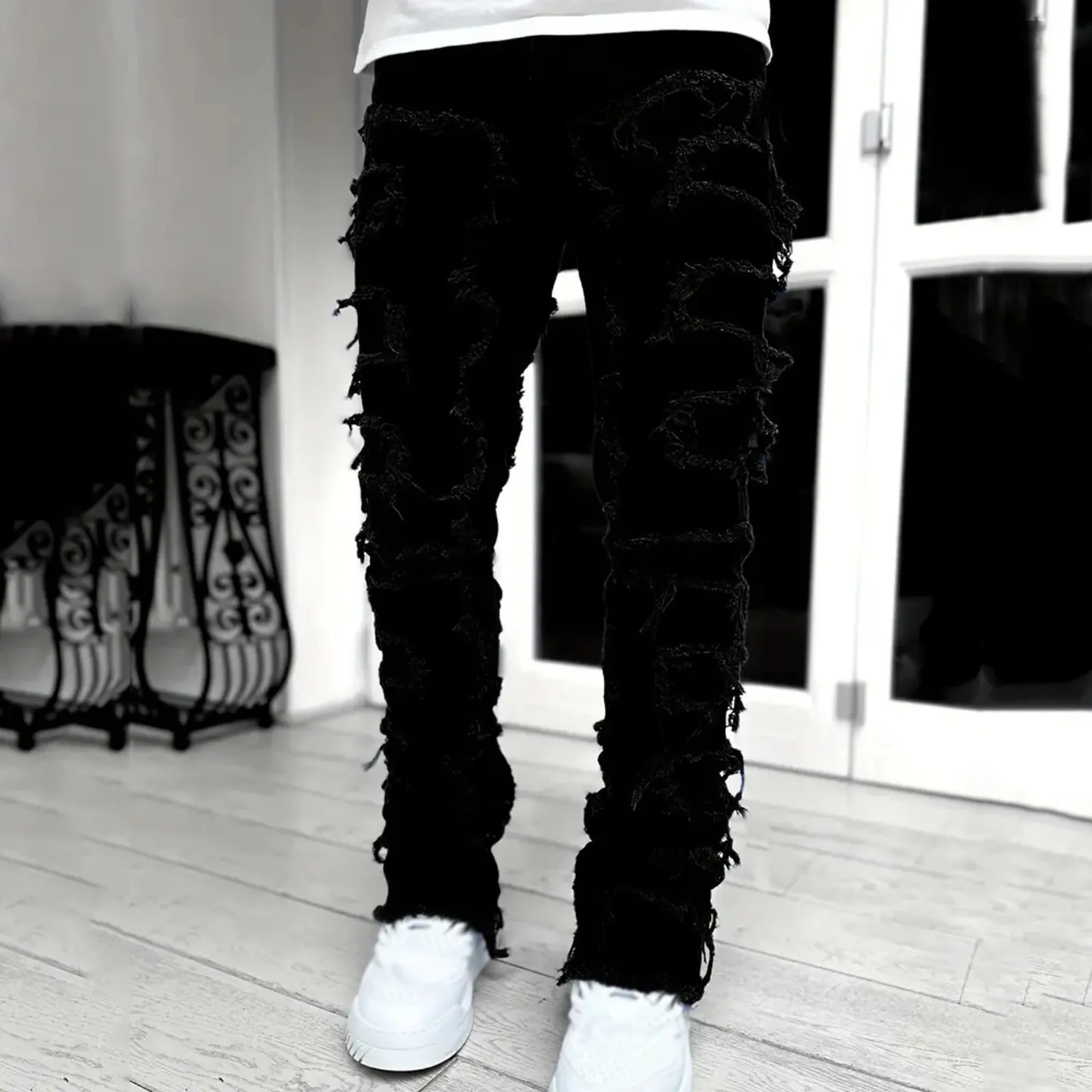 Tassels Decoration Straight Fit Jeans Men Casual Medium Stretch Street Style Denim Pants For All Seasons Lives 505