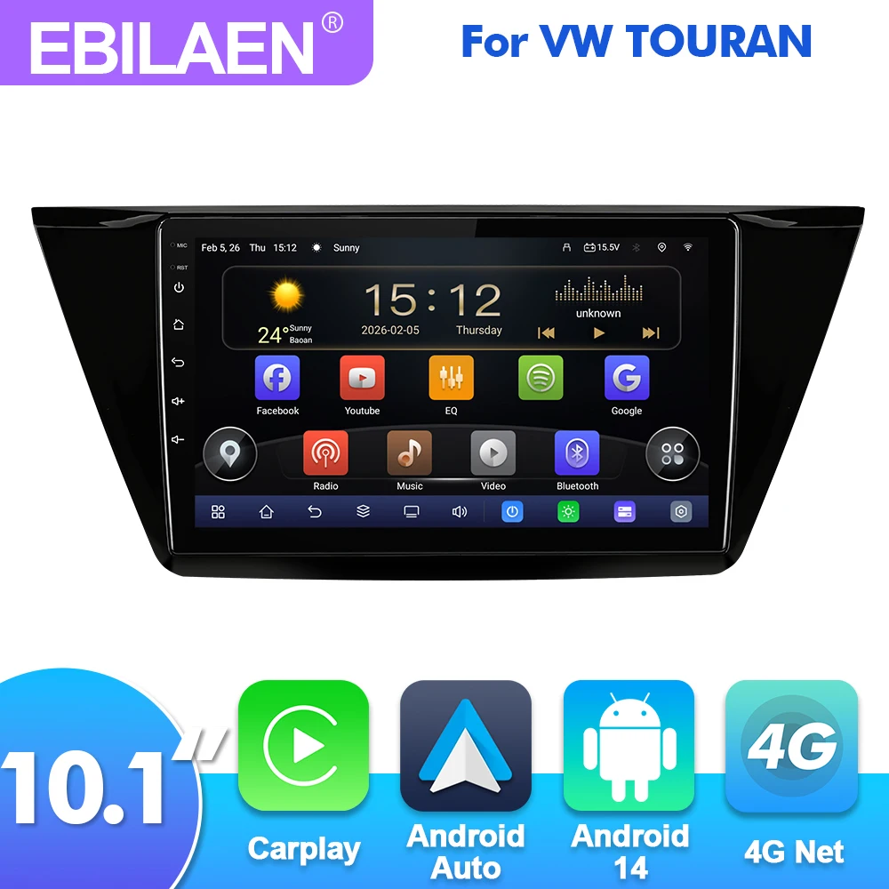 

EBILAEN 10.1 "Android 14 Car Radio For Volkswagen VW Touran 2015-2018 GPS Multimedia Carplay Android auto radio 2 din DSP camera