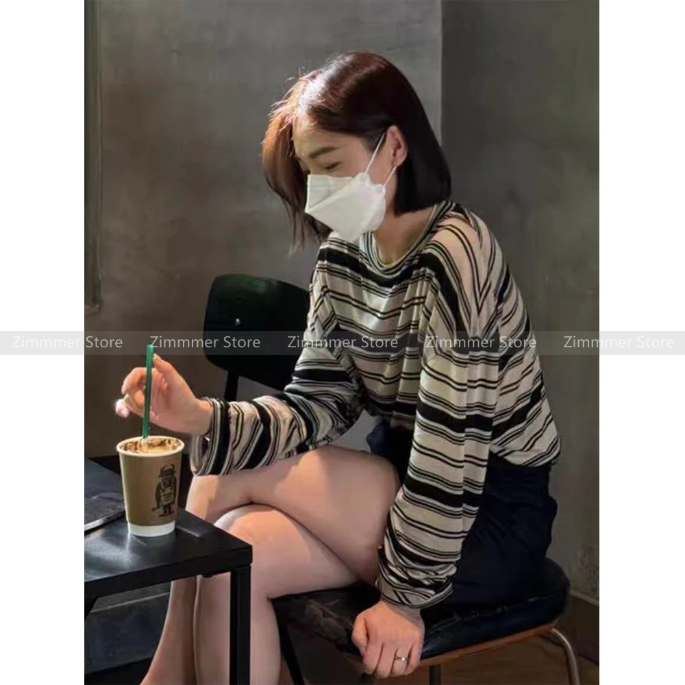 

Contrast color striped round neck short long sleeve T-shirt women 2024 early autumn new loose design sun protection top