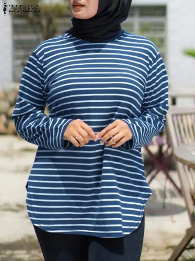 Autumn Blouses Women Fashion Long Sleeve Muslim Shirt Striped Tops 2024 ZANZEA Casual Dubai Islamic Clothing Blusas Tunic Mujer