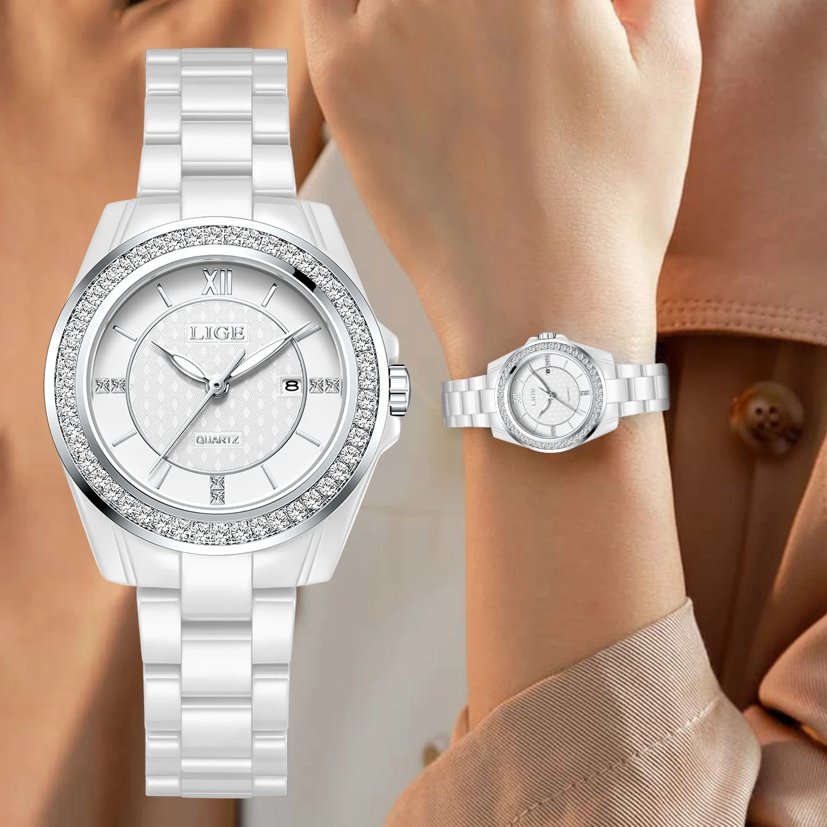 

LIGE Classic Luxury Woman Watch Elegant Casual Fashion Calendar Ceramic Strap Waterproof Luminous Quartz Ladies Wristwatch Gifts