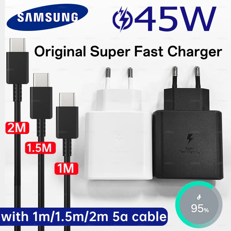 

Зарядное устройство Samsung 45 Вт, адаптер для сверхбыстрой зарядки, кабель Type-C 2 м, EU, для Galaxy S26 S25 S24 S23 S22 S21 Note 20 Ultra Z Flip Fold 6 5 4