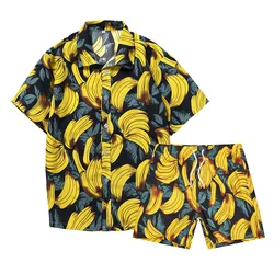 Conjunto de 2 piezas de estilo playero para hombre, camisa con estampado de plátano en 3D, traje de verano con cuello, camisas de manga corta, pantalones de playa