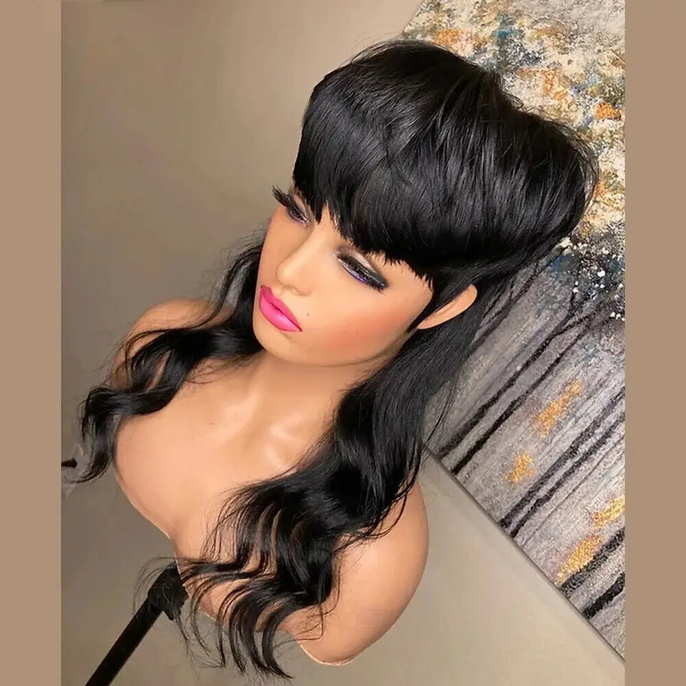 Short Black Synthetic Pixie Cut Wigs With Long Dovetail Body Water Wave Wolf Cut Wigs Straight Wig With Bangs For Black Women