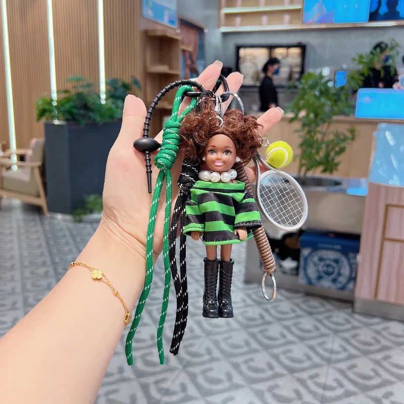 Cartoon Personalized Striped Top Black Skin Girl Princess Doll Pendant Keychain Sports Series Braided Rope Bag Charms Kids Toys