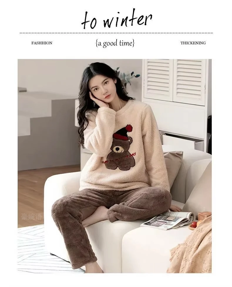 Verdickte warme große Größe gepolsterte Herbst und Winter Damen Pyjama Top und Hose Set Korallen Samt Damen Cartoon Bär 2 Teile/satz – Detail 3