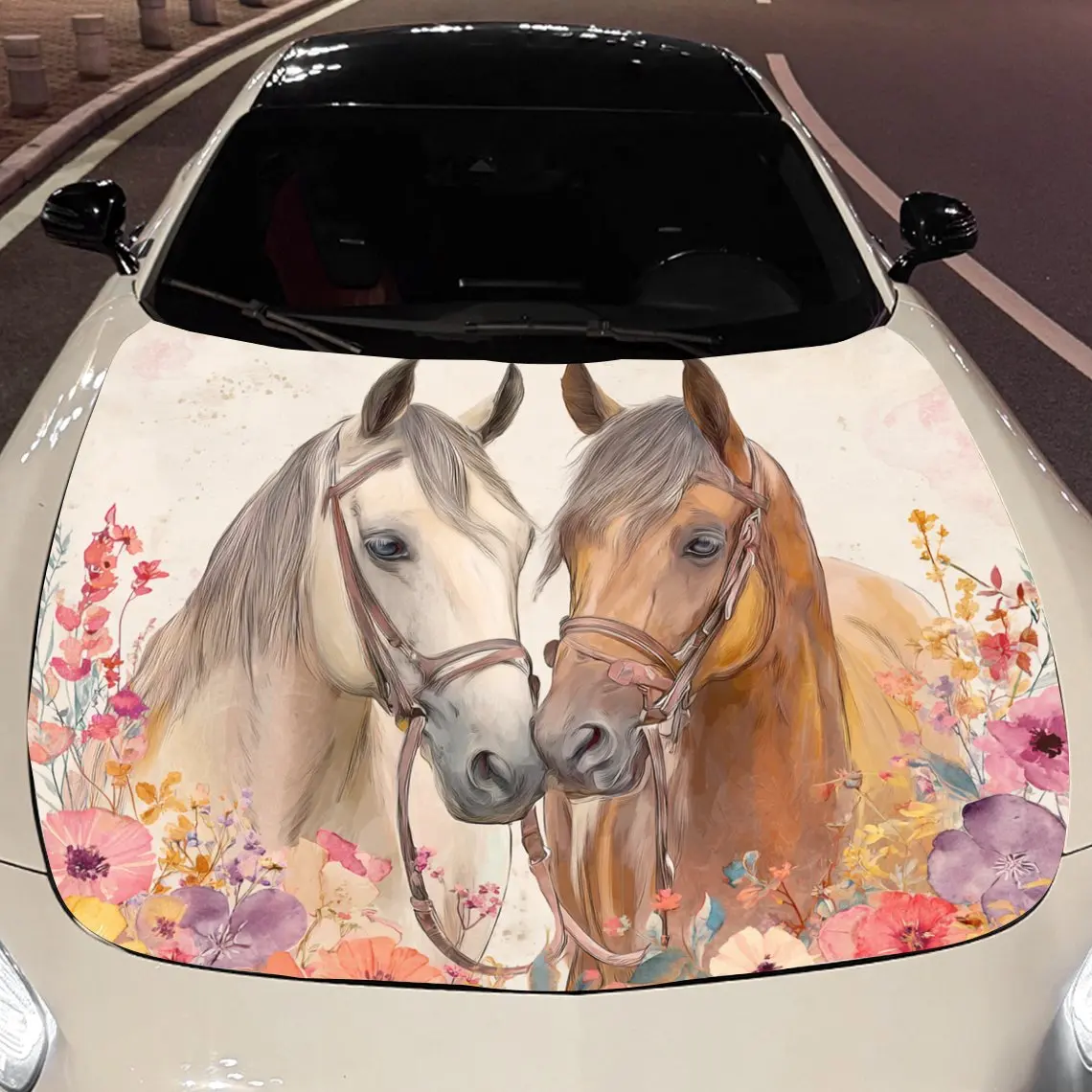 

Car Decals Horses with Graceful Postures, One White and One Brown, Amid a Colorful Floral Setting Car Hood Sticker, Waterproof S