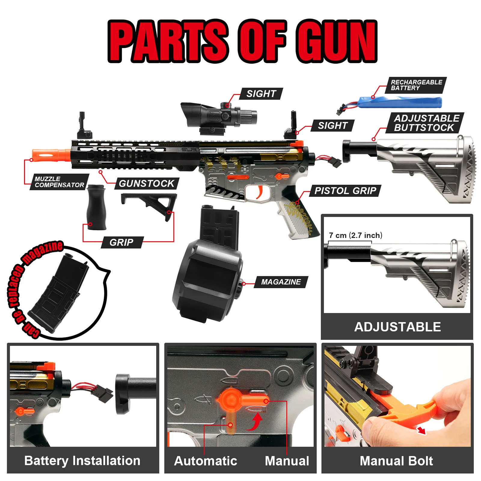 M416 Magas légnyomású levegő sebesség Elektromos Gél Gömb pisztoly toys, automatic&manual Viadal modes vize Gurít Sugárfegyver, Összetett múlt idő számára kültéri games/gifts