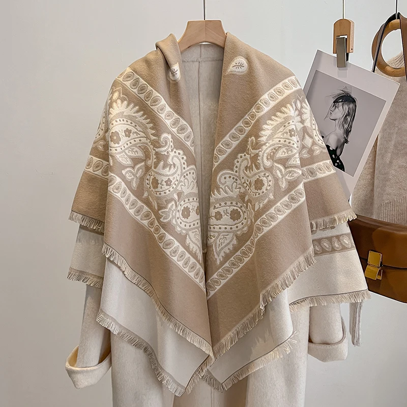 Bufanda de cachemira de invierno de marca de lujo 2025 para mujer, chal estampado de rejilla con borlas, envoltura de Pashmina cálida y Poncho Foulard
