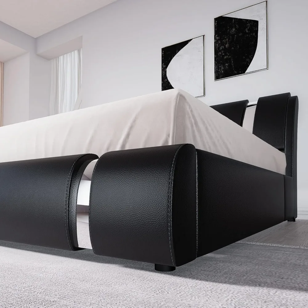 Allewie Cadre de lit queen avec décor en fer, lit plateforme rembourré en simili cuir avec tête de lit réglable et bois solide S