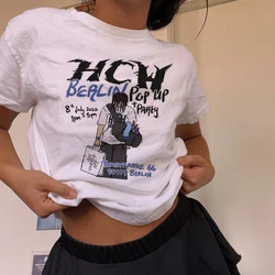 Y2k Crop Cotton magliette moda donna Anime Top Harajuku Slim White Summer Sexy Femme Streetwear Cartoon Letters estetica