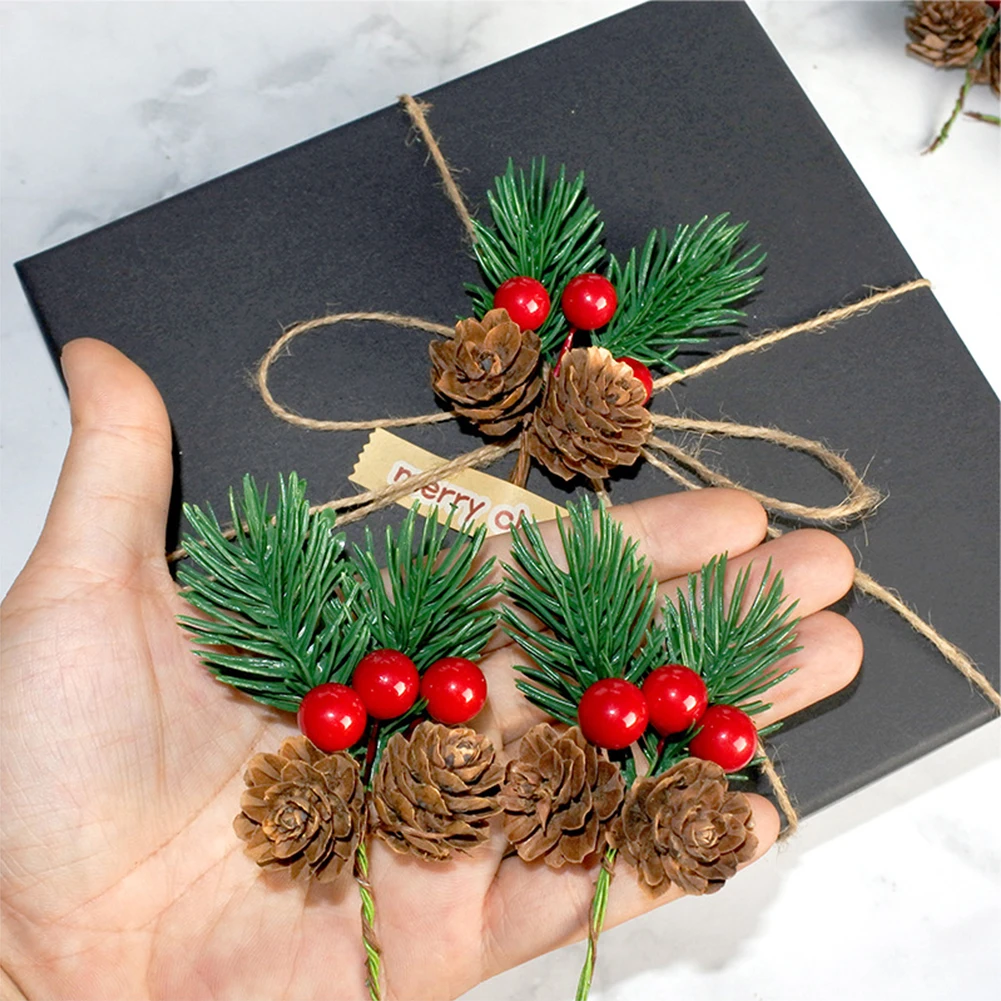 10Pcs/set Artificial Pine Cone Pick Red Berry Branches Garland Holiday Crafts Making Flower Decor Mini Plant Christmas 2025