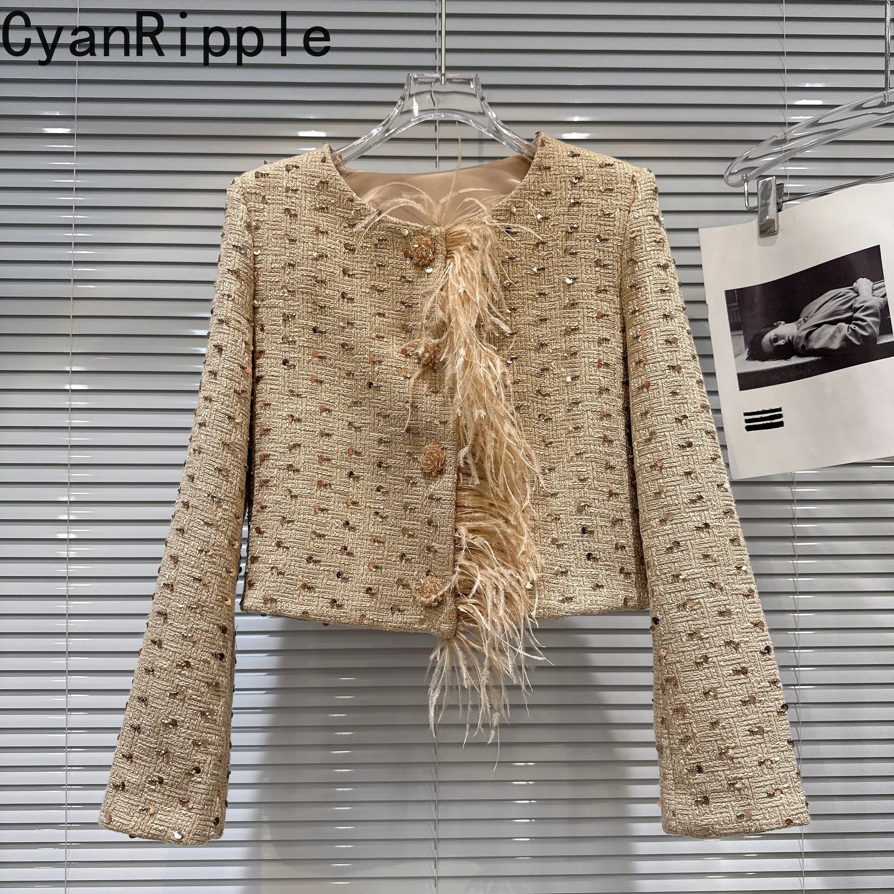 Fashion Lady New Spring Autumn Khaki Short Outerwear Sequins Beads Round Neck Tweeds Jacket Ostrich Feather Elegant Casual Coat