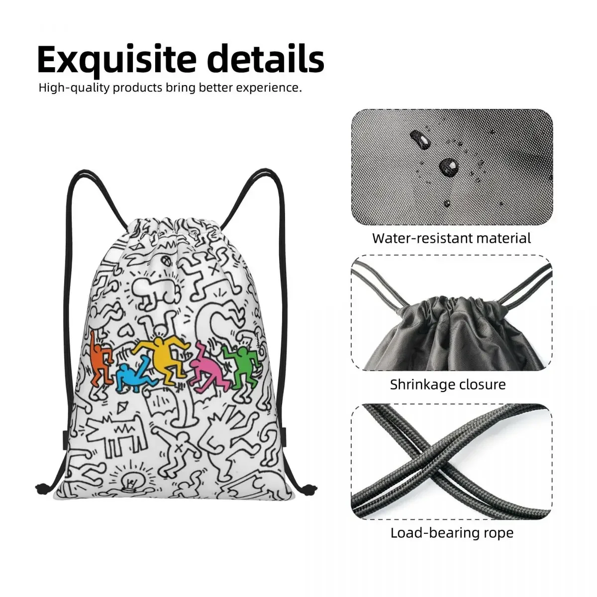 Custom Very Crowded Haring Graffiti Rap Pop Art Drawstring Bag Men Women Lightweight Indie Aesthetic Sports Gym Storage Backpack