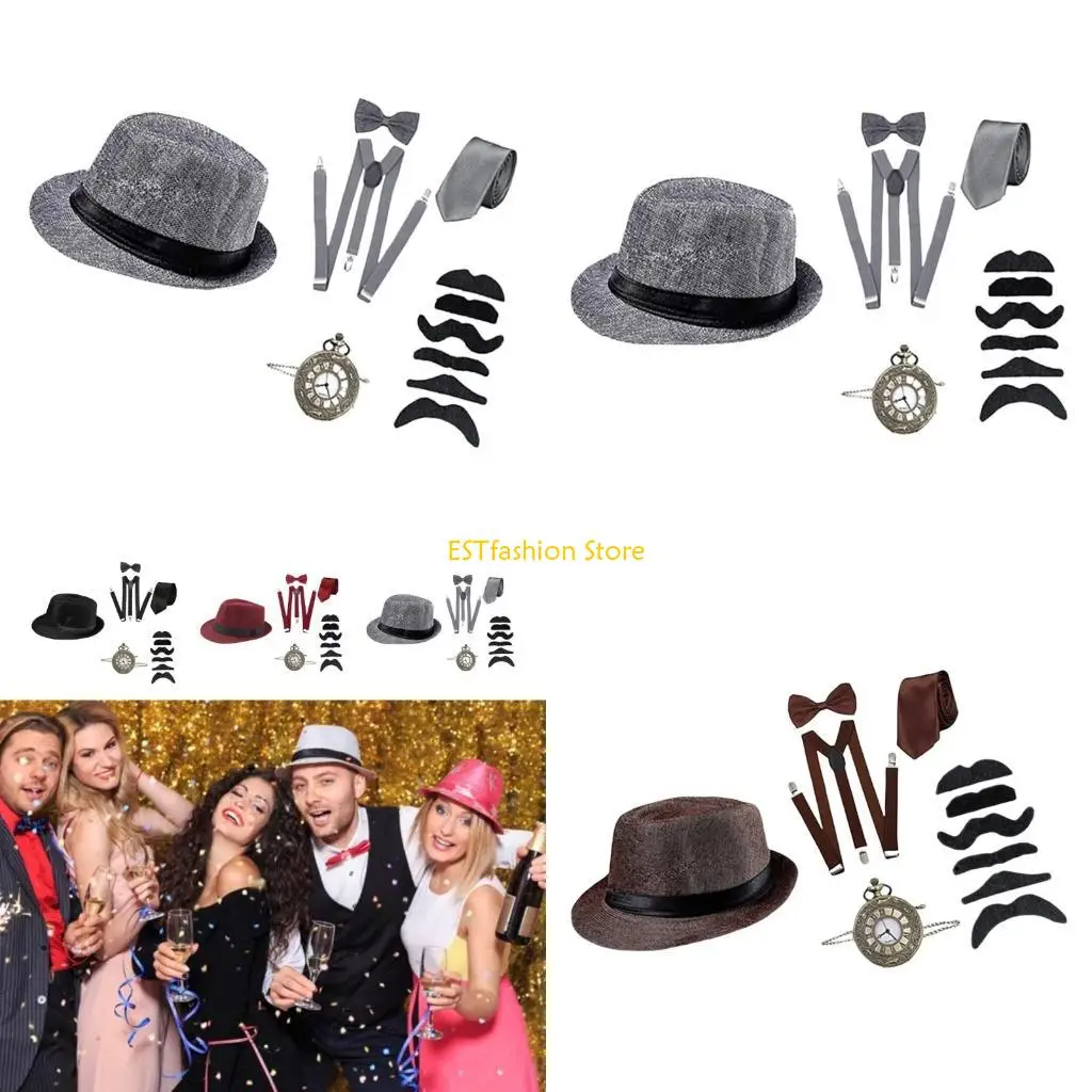 Y5GC 1920s เครื่องแต่งกายบุรุษอุปกรณ์เสริม,roaring 20s ชุด Fedoras หมวกนาฬิกาพ็อกเก็ต Suspenders Bowtie Tie หนวดเครา