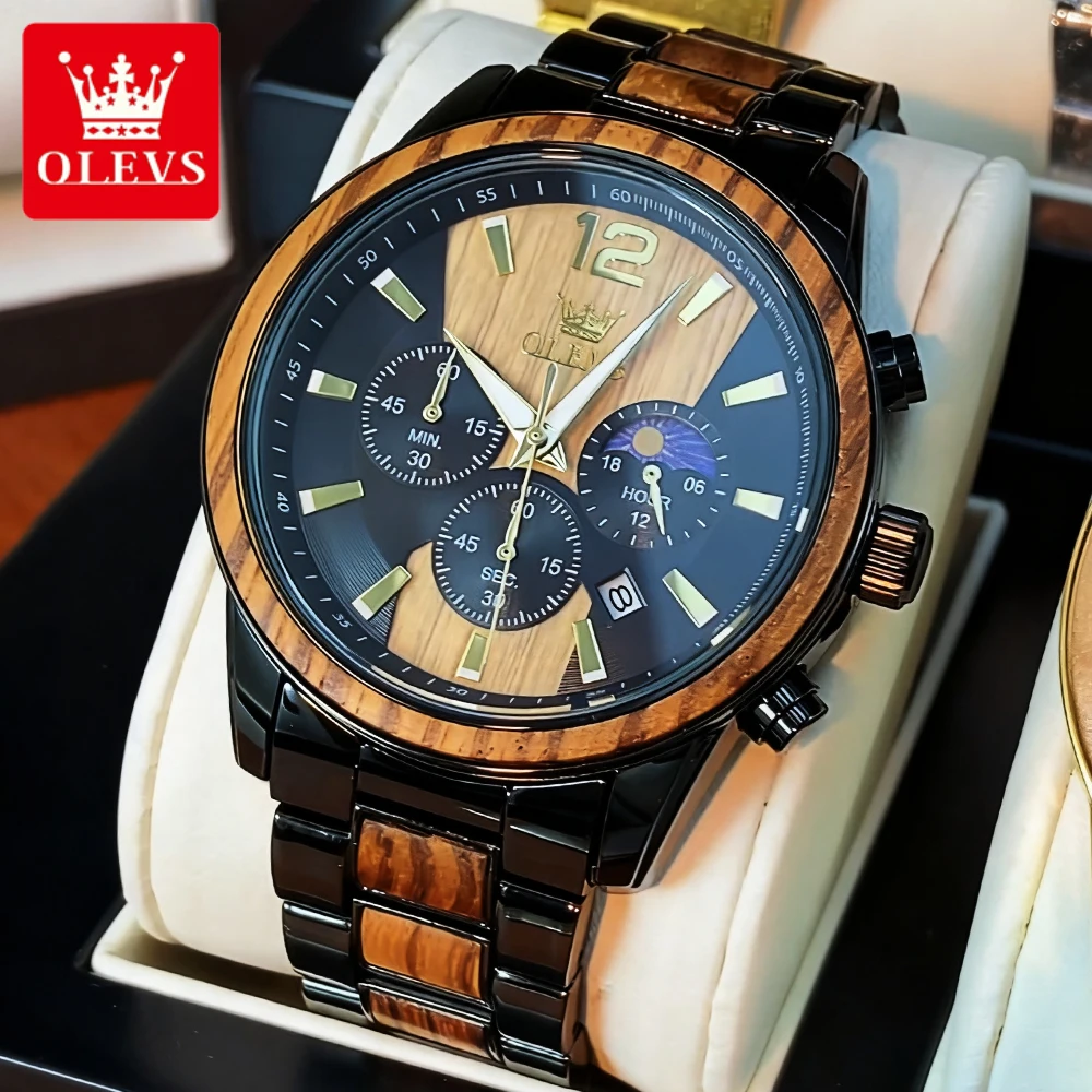 

OLEVS мужские часы, роскошные модные новые красные сандаловые ремешки, оригинальные брендовые наручные часы, фаза Луны, дата, хронограф, модное платье