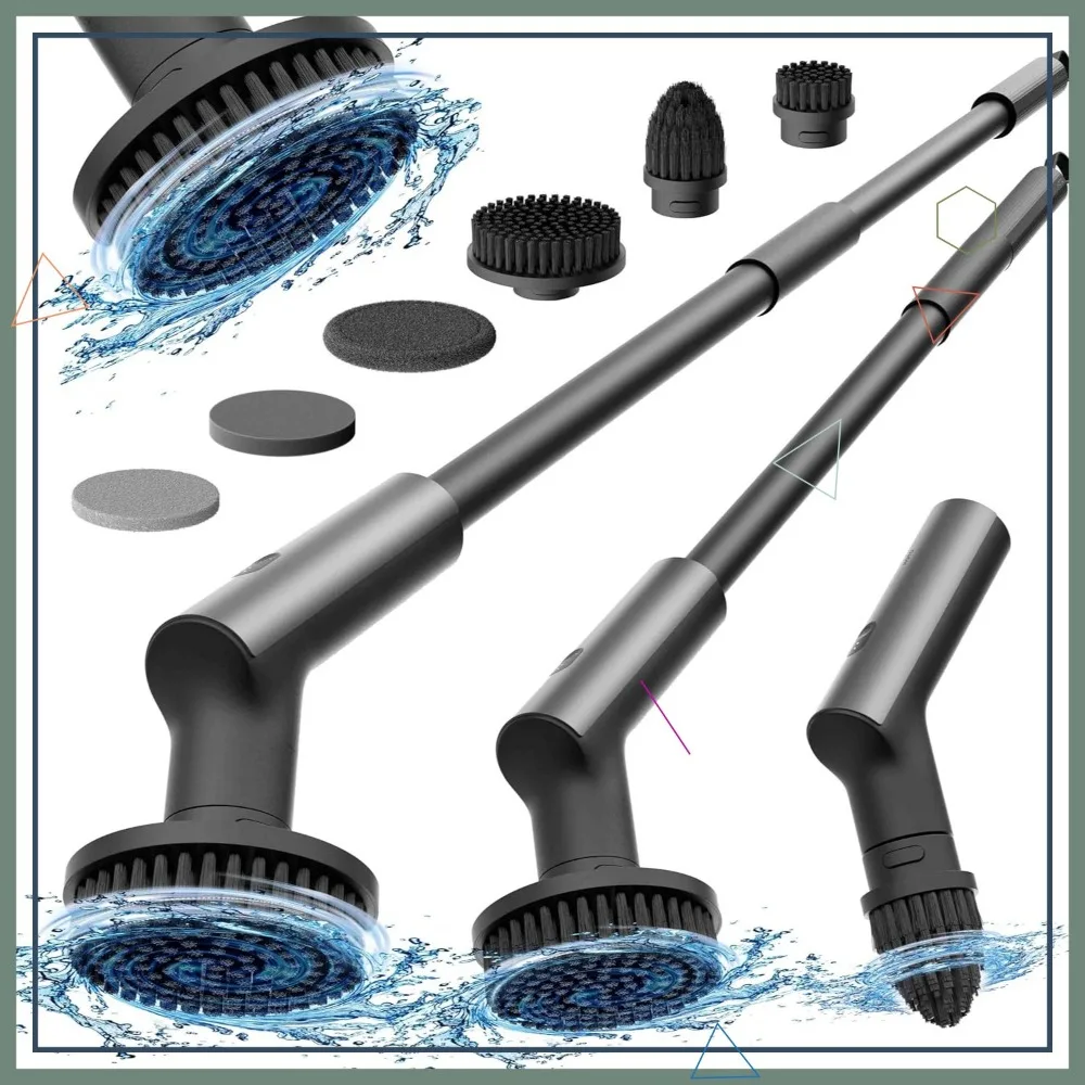 コードレス電動スピンスクラバー、IPX7防水浴室クリーナー、6つのブラシヘッド、タイル床掃除用ロングハンドル