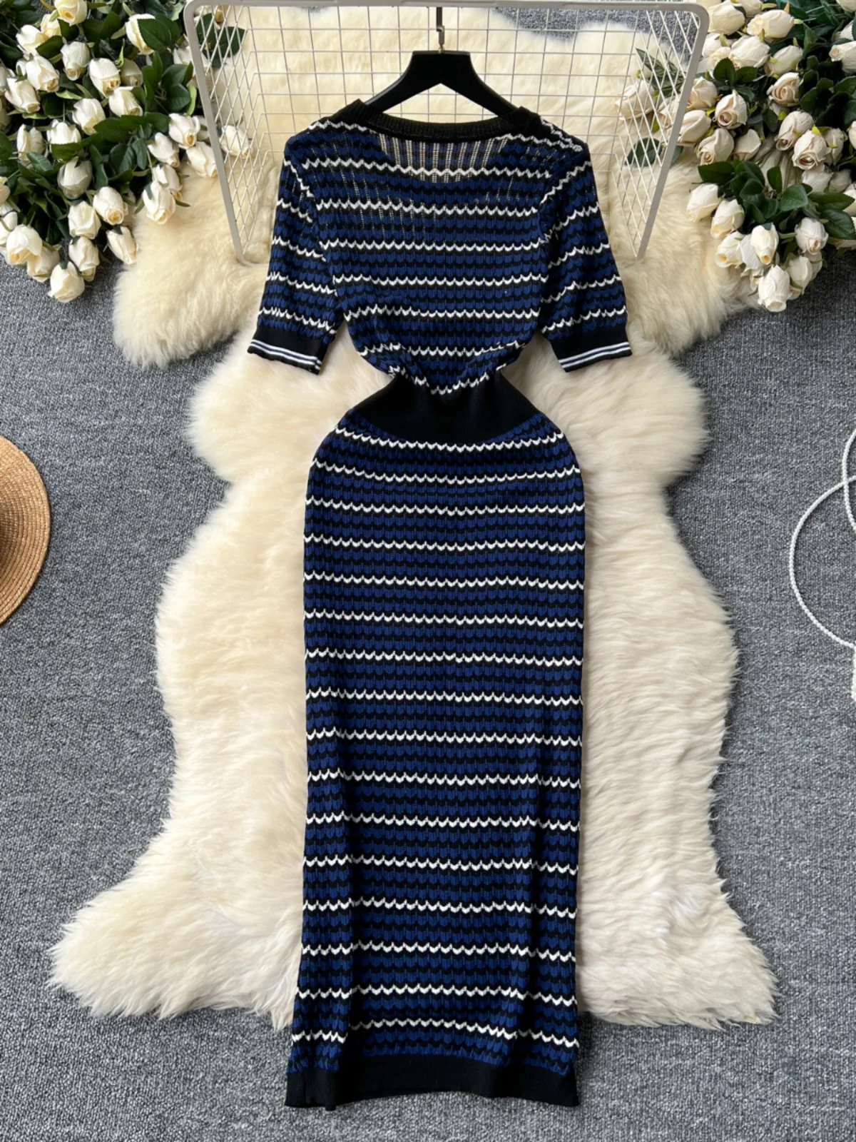 Summer New Vintage Color Blo Striped Knitted Dr Women's Slim Fit round Ne ort Sve Long Dr Korean Sle High Waist