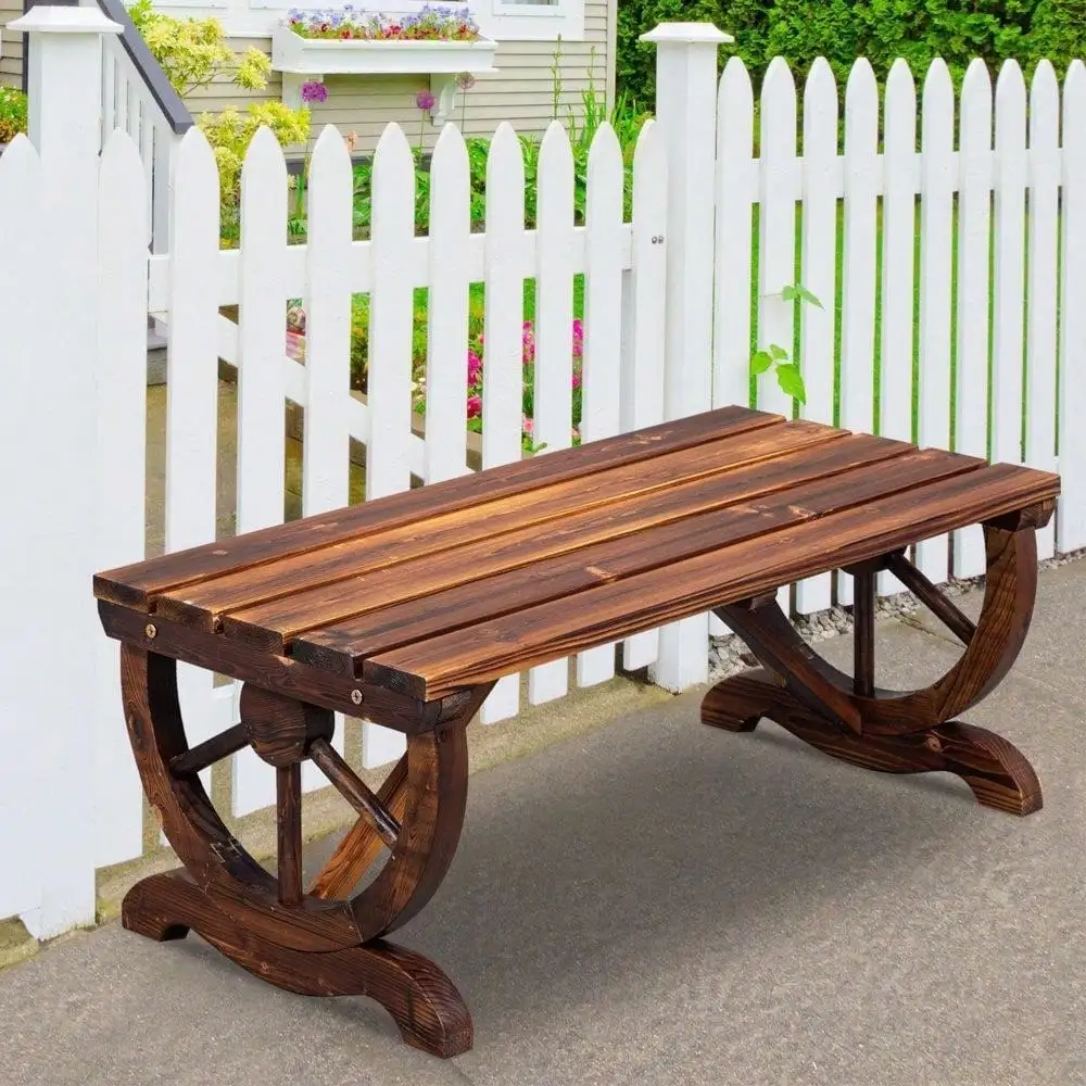 2 Person Patio Garden Wooden Bench Outdoor Wagon Wheel Porch Bench for Backyard