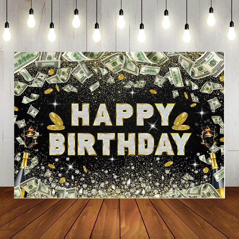 Money Dollar Black Gold Birthday Party Photobooth Backdrop Bill Diamond Bday Car Champagne Background Banner Cake Table Decor