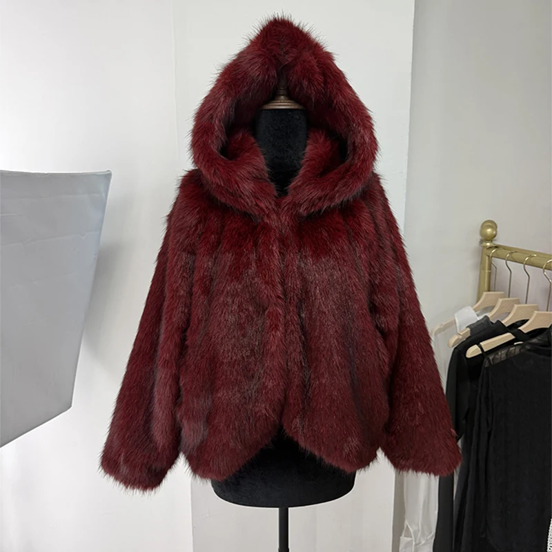 Trendix Red Faux Fur Hooded Coat Femme Fashion Oversized Sleeve Solid Cardigan Top 2025 Winter New High Luxury Elegant Outerwear