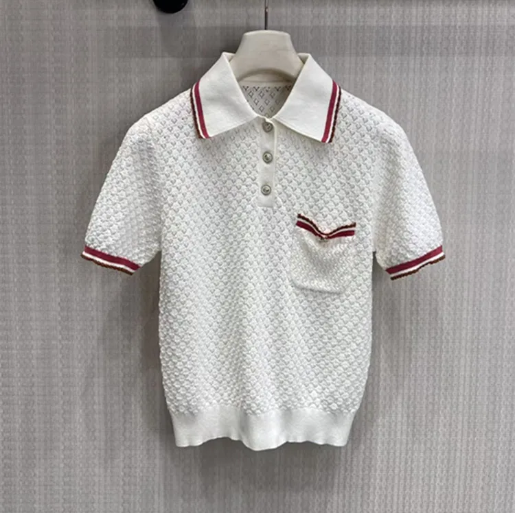 

Customization European women's clothing for summer 2026 - new styles Turned collar Short sleeves Open-weave fashion knit T-shirt
