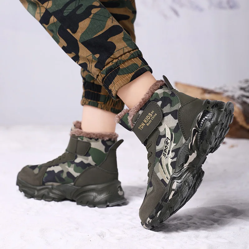 Winter Snow Boots For Children 2024 Trend Fashion Plush Camouflage Sneakers Thick Warm Teenager Faux Fur Boots For Kids