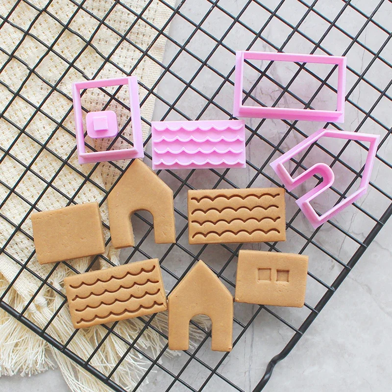 1Set Gingerbread House Cookie Cutter Mold Cartoon Mini Christmas House DIY Assembly Biscuit Fondant Embosser Stamps Baking Tools