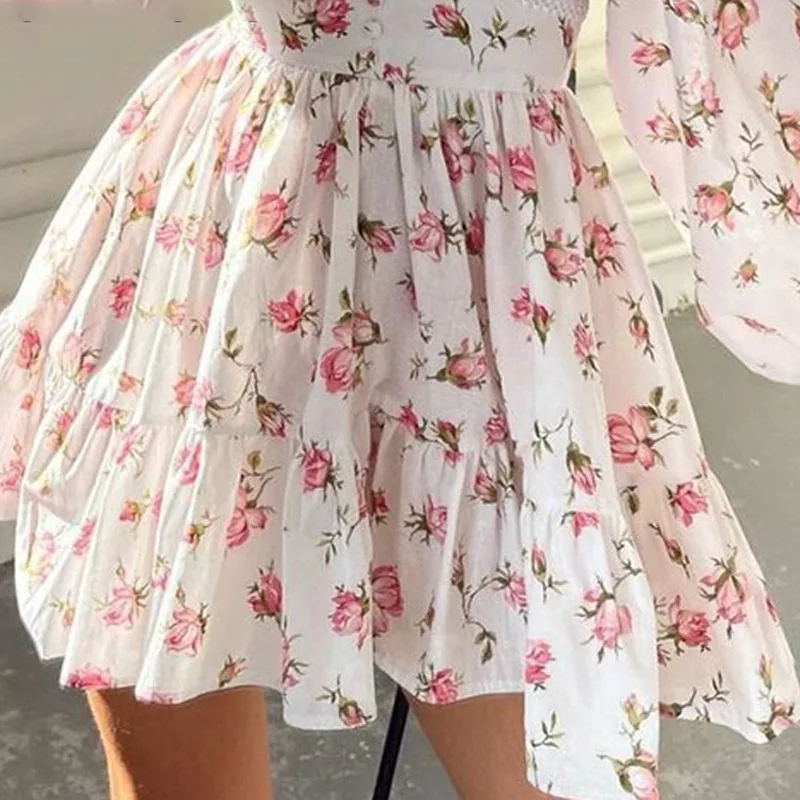 Vintage Women Summer Mini Dress Long Sleeve Floral Print Ruffles V Neck High Waist A-Line Cocktail Vestidos