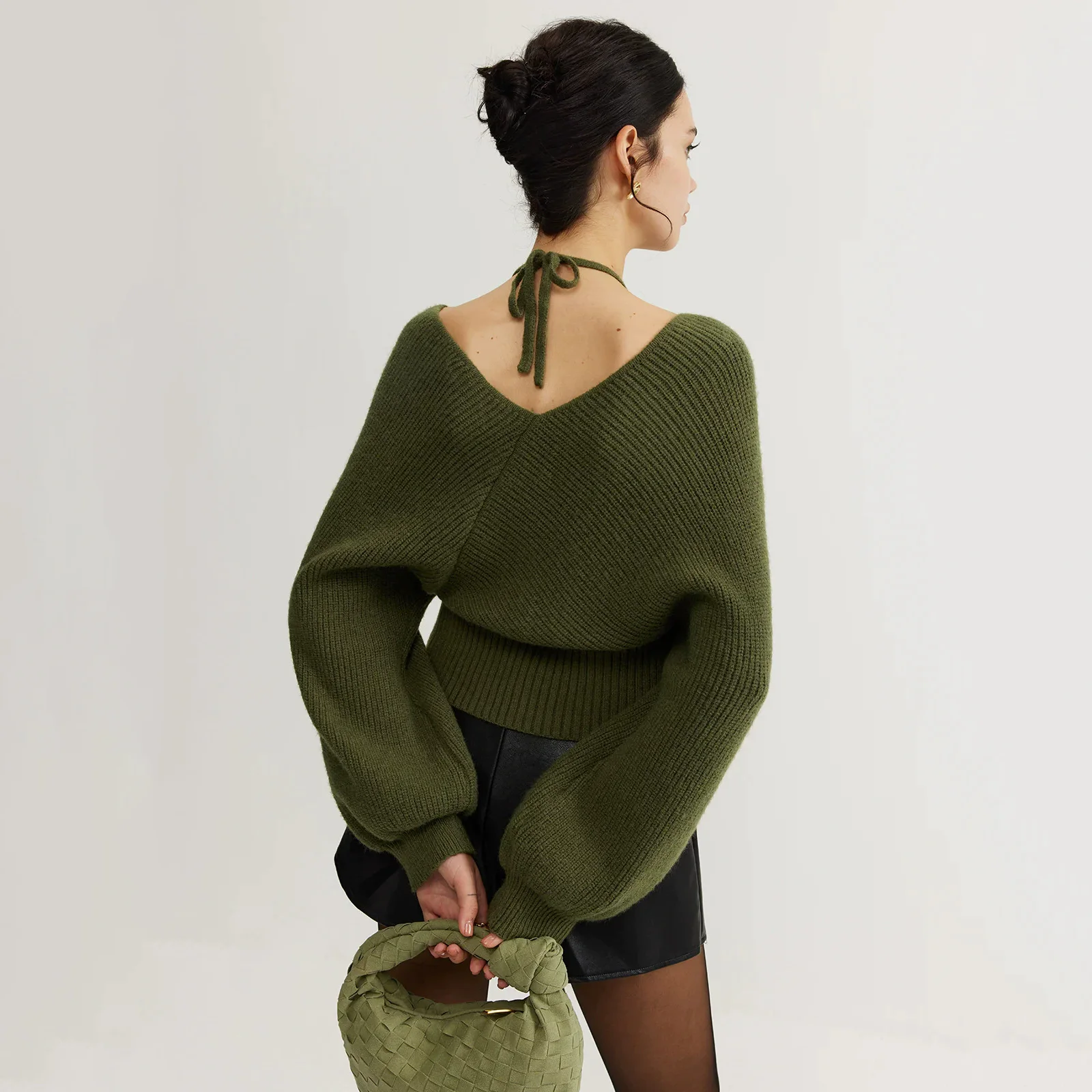 2025 New Loose Criss-cross Bat Sleeve Knit Sweater Women Night Out Fashion Square Neck Tie Waist