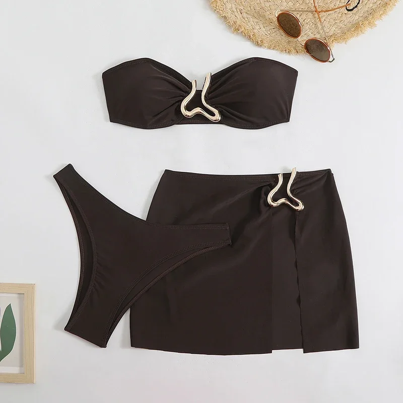 

Sexy Bikini Push Up Swimsuit Women Metal Buckle Design Micro Bikini Skirt Cover Up 2025 New Solid Split Bathing Suit 3 Piece Set