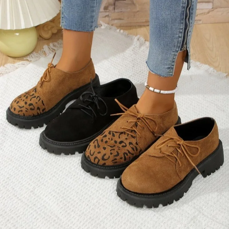 

Fashion Leopard Mid Heels Pumps Women 2025 Spring Thick Heel Faux Suede Shoes Woman Plus Size Lace Up Single Shoes