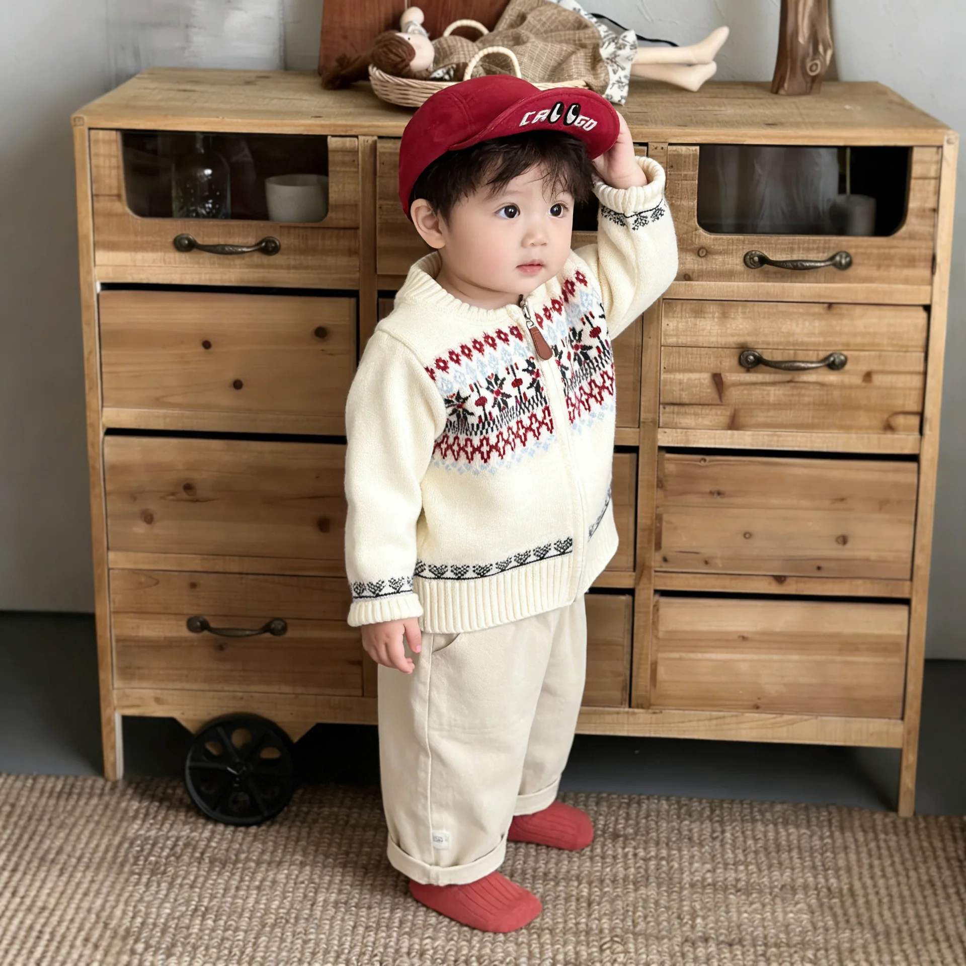 Boys Sweater 2026 Spring and Autumn New Childrens Clothing Korean Style Baby Boys Fashionable Fair Island Knitted Cardigan
