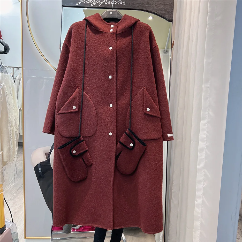

SuperAen Autumn and Winter New Korean Style Hooded Cashmere Coat for Women's Long-sleeved Loose Casual Woolen Coat
