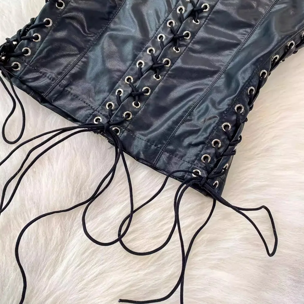 Canottiera da donna chic con scollo all'americana Draw String Slim Basic Sexy Fashion Canotte senza maniche Top corto estivo da donna