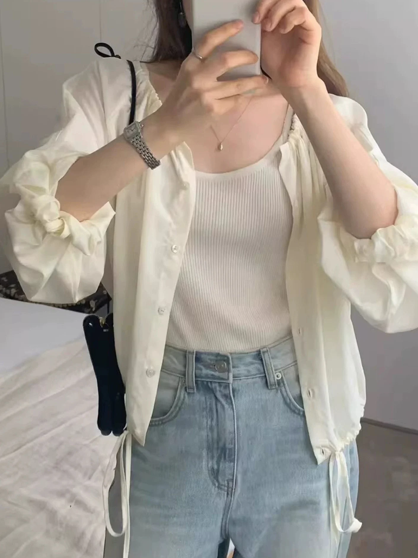 

Женская туника в корейском стиле свободного кроя с длинным рукавом, круглым вырезом, на пуговицах, с завязками на талии, для девочек