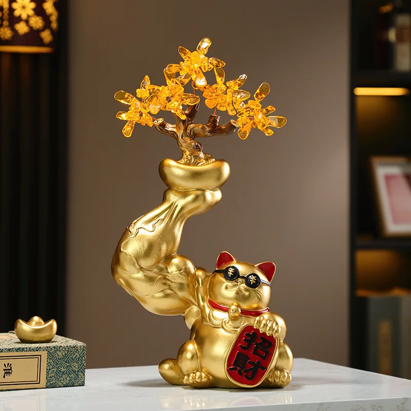 Chinese creative strong unicorn arm lucky cat ornament, housewarming new home fortune tree decoration