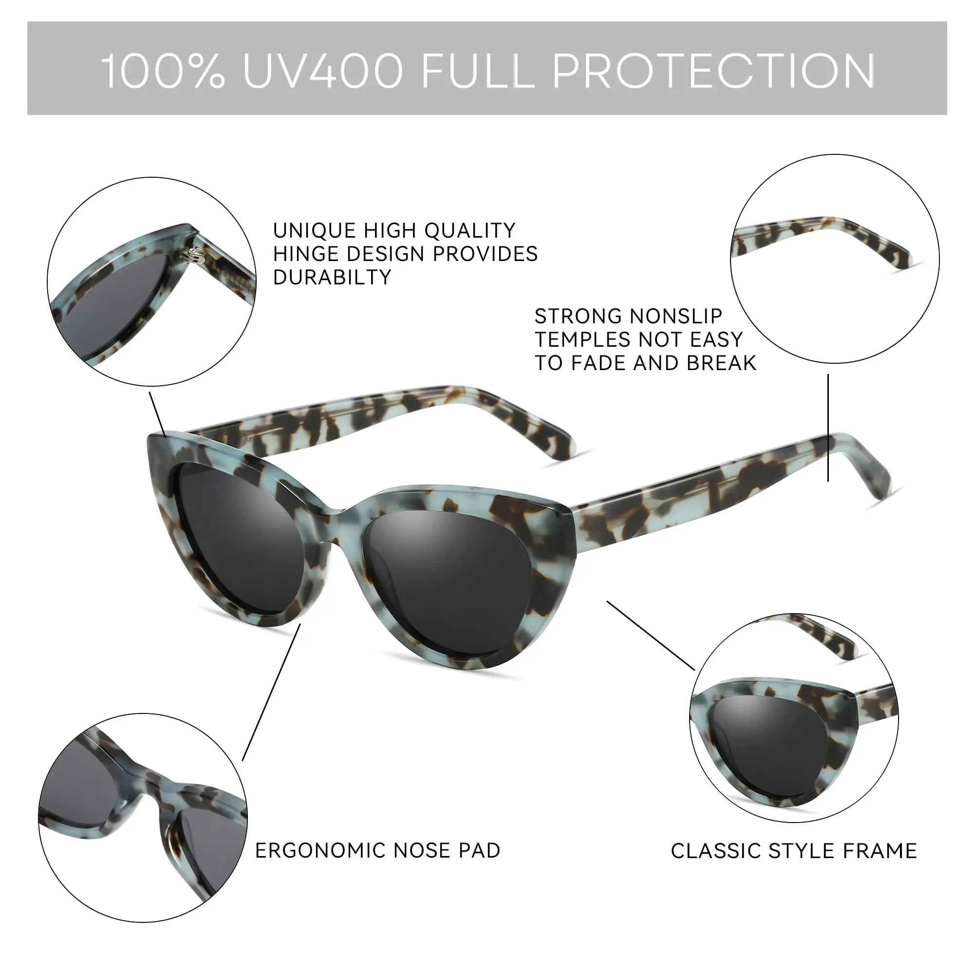BLUEMOKY Fashion Cat Eye Shades Sunglasses Women Acetate Polarized UV400 Protection Trendy