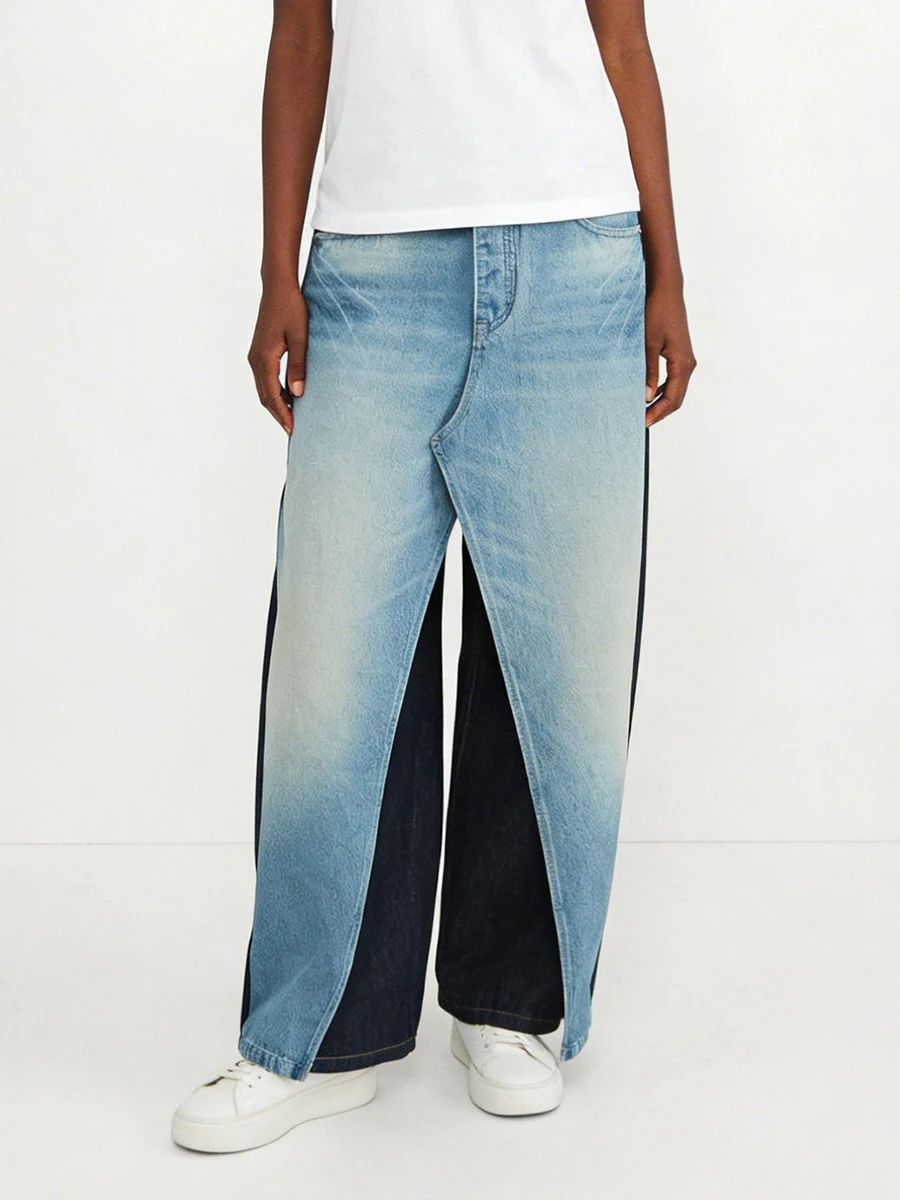 VGH Design Sense Hit Color Loose Pants For Women High Waist Spliced Pockets Autumn Casual Straight Trousers Female Fashion New